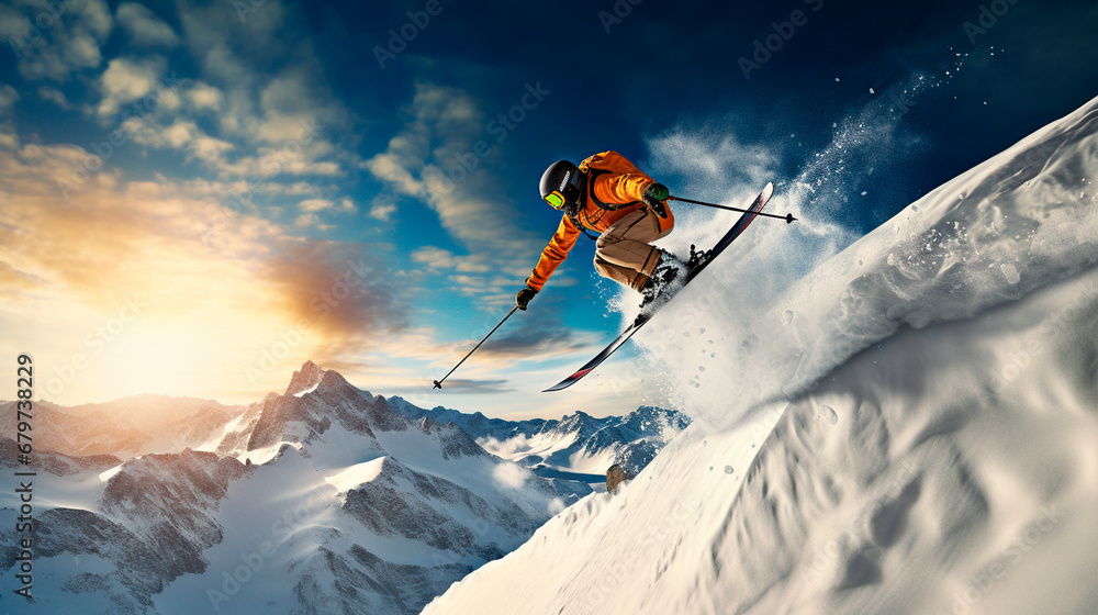 ski resort man goes down the mountain. Generative AI,