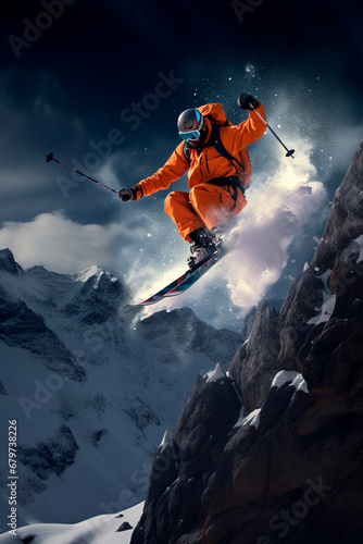 ski resort man goes down the mountain. Generative AI, © Erik