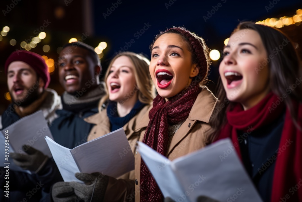 Fototapeta premium Under the glow of holiday lights and falling snowflakes; carolers share the joy of Christmas through their songbooks