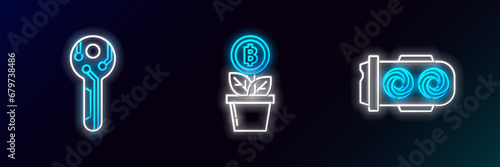 Set line Mining farm, Cryptocurrency key and Bitcoin plant the pot icon. Glowing neon. Vector