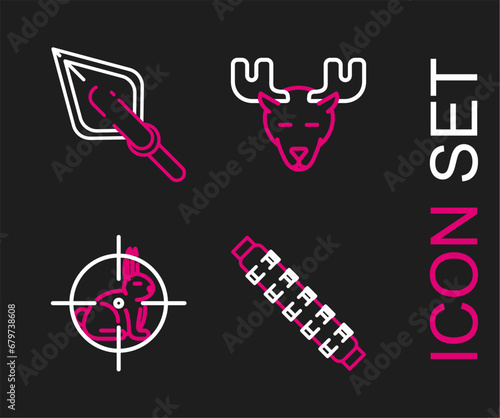 Set line Hunting cartridge belt with cartridges, on rabbit crosshairs, Moose head horns and Hipster arrow tip icon. Vector