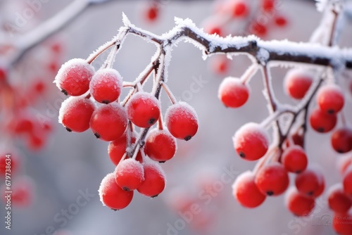 Festive image of frost-kissed berries illuminated by soft holiday lights on a snowy Christmas eve