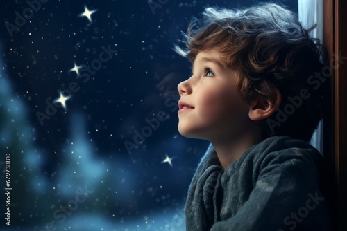A child's wonderment on a snowy Christmas Eve as he eagerly awaits Santa's arrival while staring at the night sky
