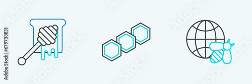 Set line Honeycomb map of the world and bee, dipper stick with dripping honey and icon. Vector