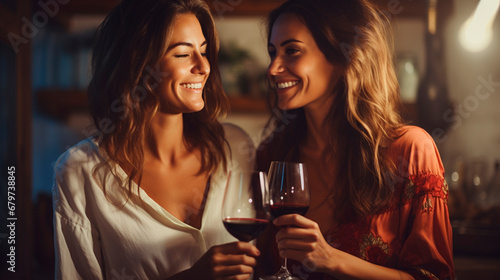 Two girlfriends drink wine together. Generative AI,
