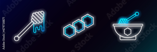 Set line Honey dipper stick and bowl, with dripping honey and Honeycomb icon. Glowing neon. Vector