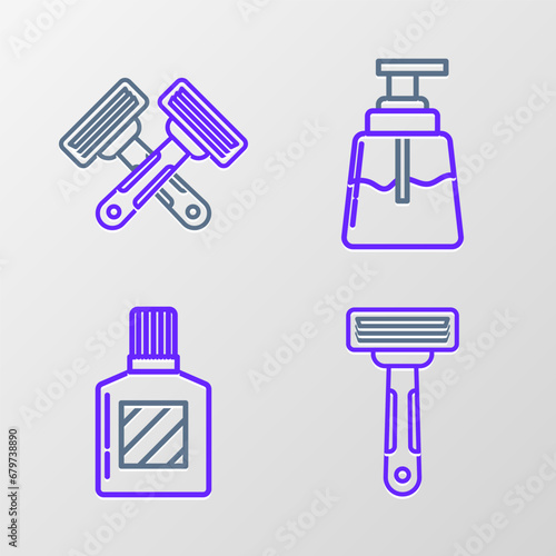 Set line Shaving razor, Aftershave, and Crossed shaving icon. Vector