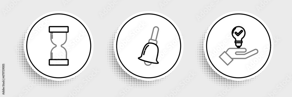 Set line Light bulb in hand, Old hourglass with flowing sand and Ringing bell icon. Vector Set line Light bulb in hand, Old hourglass with flowing sand and Ringing bell icon. Vector