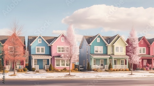 Colorful Houses on Suburban Neighborhood Street on a Sunny Day
