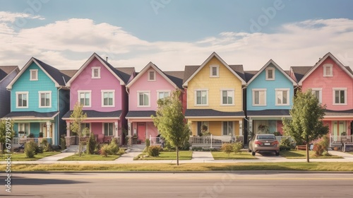 Colorful Houses on Suburban Neighborhood Street on a Sunny Day