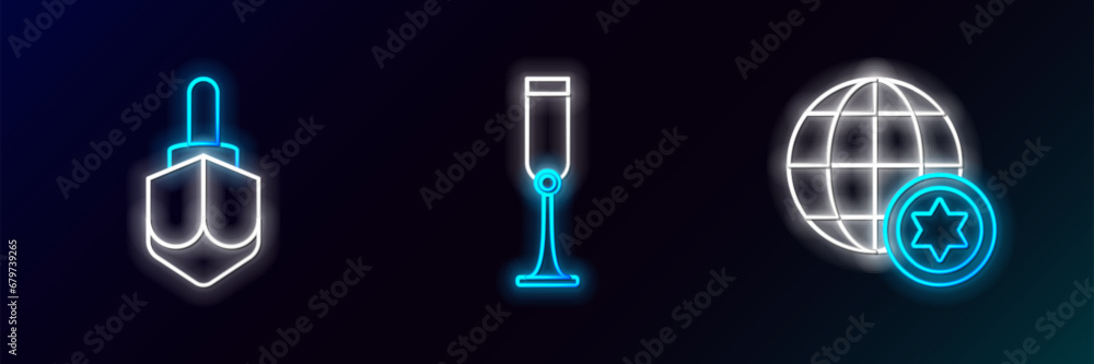 Set line World Globe and Israel, Hanukkah dreidel and Jewish goblet icon. Glowing neon. Vector Set line World Globe and Israel, Hanukkah dreidel and Jewish goblet icon. Glowing neon. Vector