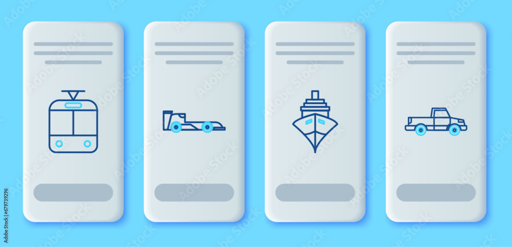 Set line Formula race car, Cargo ship, Tram and railway and Pickup truck icon. Vector