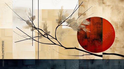 AI-generated abstract geometric illustration in winter holiday colors. Zen asymmetry with branches and orbs. MidJourney.