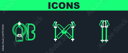 Set line Ski poles, Diving mask and aqualung and sticks icon. Vector