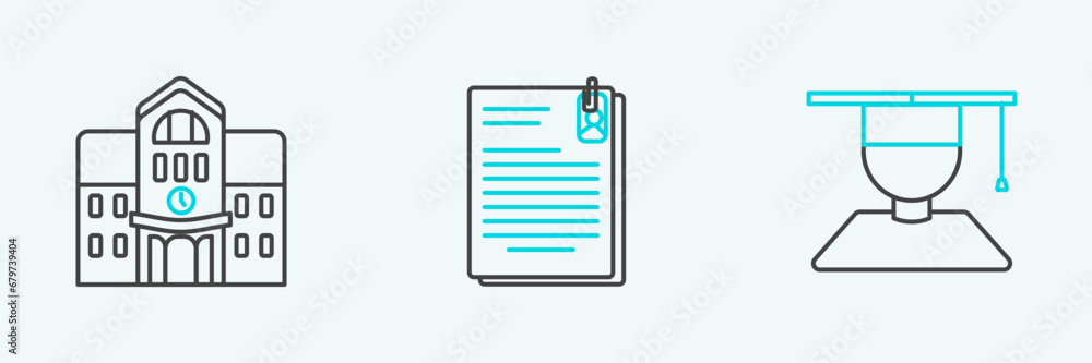Set line Graduate and graduation cap, School building and File document paper clip icon. Vector Set line Graduate and graduation cap, School building and File document paper clip icon. Vector