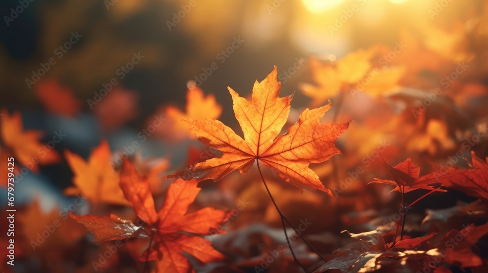 Beautiful maple leaves in autumn sunny day in foreground and blurry background