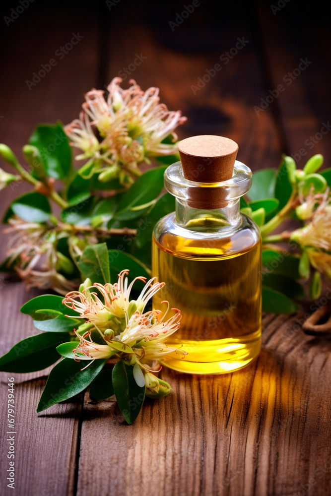 Honeysuckle essential oil in a bottle. Generative AI, Honeysuckle essential oil in a bottle. Generative AI,