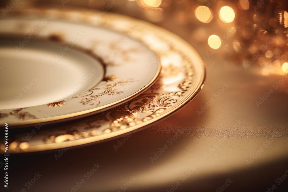 An exquisite golden-edged decorative plate adding a touch of luxury to the New Year's dinner table
