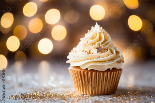 An intricately designed New Year's themed cupcake featuring sparkling icing and tiny edible stars