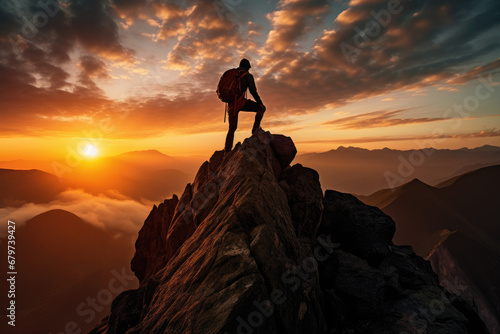 A silhouette of man climbing on rock, mountain at sunset © thejokercze