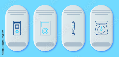 Set line Music player, Blender, Remote control and Scales icon. Vector