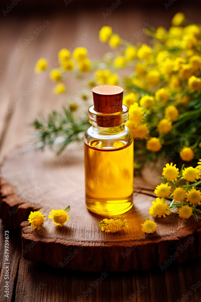 Immortelle essential oil in a bottle. Generative AI, Immortelle essential oil in a bottle. Generative AI,