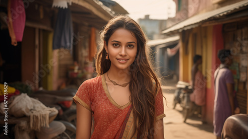 Bellissima giovane ragazza indiana vestita con abiti tradizionali in una strada di un villaggio in India