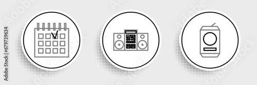 Set line Beer can, Detailed calendar and Home stereo with two speakers icon. Vector