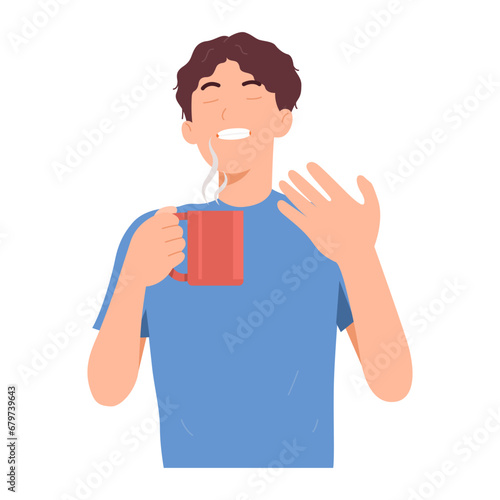 Male employees like to drink coffee before work to refresh their bodies. Sick man with a cold sips hot water or tea to relieve his symptoms. Energy-boosting drinks make the brain clear and energetic.