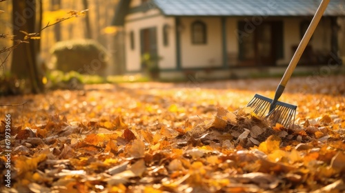 Raking fall leaves with rake