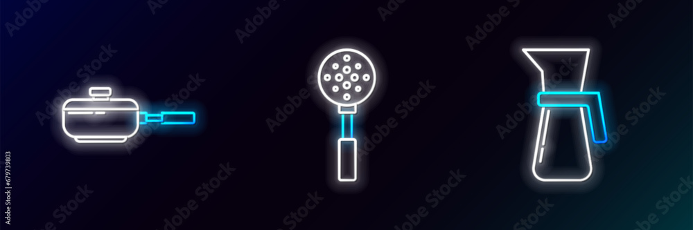 Set line Measuring cup, Frying pan and Spatula icon. Glowing neon. Vector Set line Measuring cup, Frying pan and Spatula icon. Glowing neon. Vector