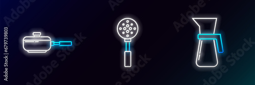 Set line Measuring cup, Frying pan and Spatula icon. Glowing neon. Vector