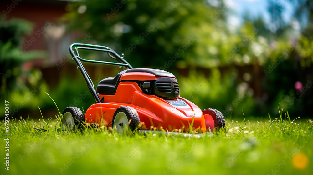 A lawn mower mows the lawn. Generative AI, A lawn mower mows the lawn. Generative AI,