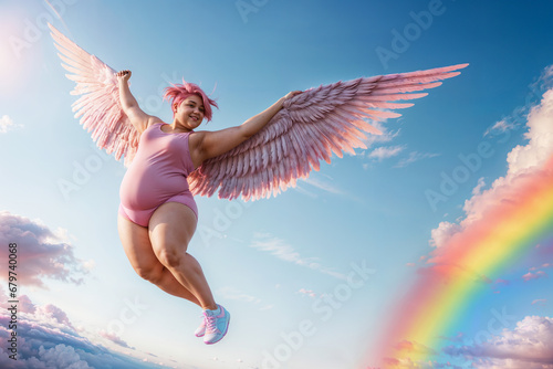 Plus size woman with wings and pink hair, body positivity concept, freedom in the sky, confident photo