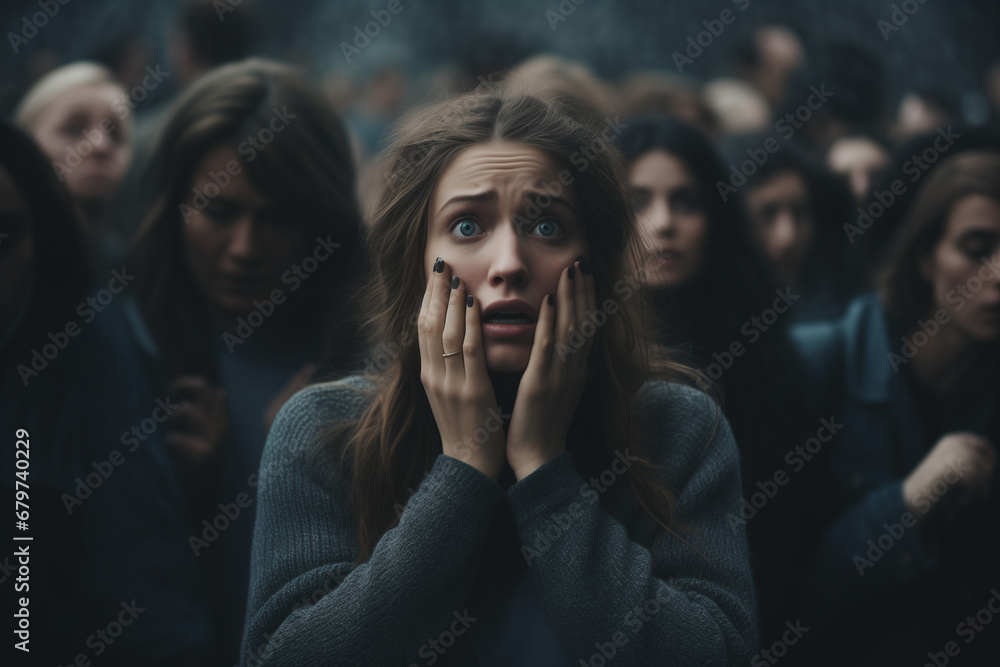 A scared girl on a road with many people. Social anxiety disorder. social phobia. a person with fear of being watched and judged by others. - obrazy, fototapety, plakaty 