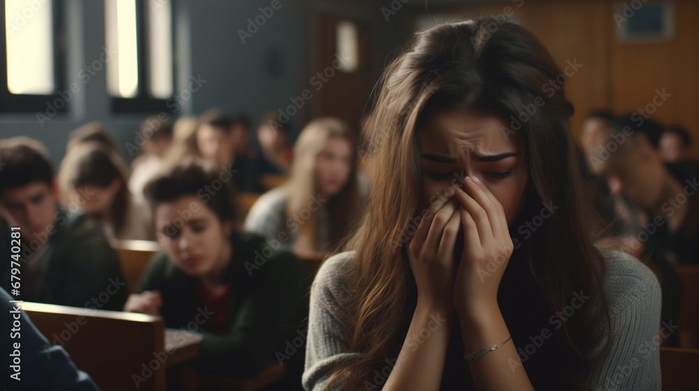 A scared student girl in a class room with other students in class. Social anxiety disorder. social phobia. person with fear of being watched and judged by others. A scared student girl in a class room with other students in class. Social anxiety disorder. social phobia. person with fear of being watched and judged by others.