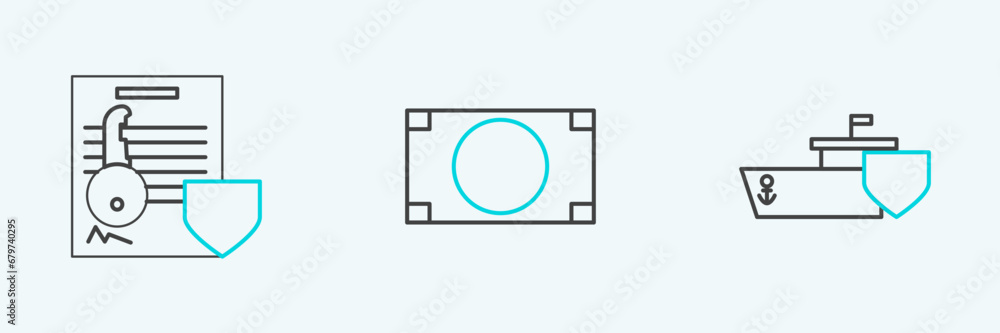 Set line Ship with shield, Document key and Stacks paper money cash icon. Vector