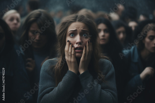A scared girl on a road with many people. Social anxiety disorder. social phobia. a person with fear of being watched and judged by others. photo