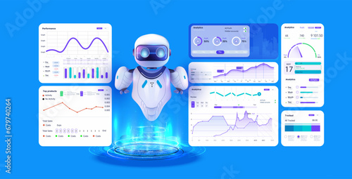 Ai Artificial intelligence in Finance Fintech. Data marketing technology, Business data report. Robot driven data analytics dashboard. Vector flat illustration