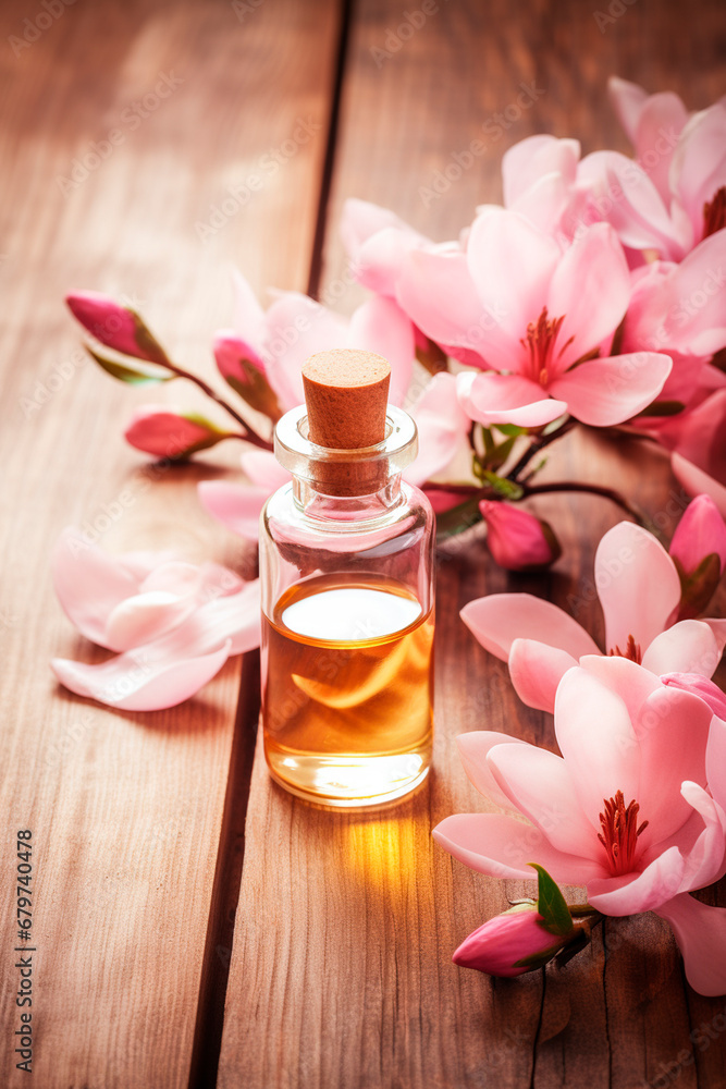 Magnolia essential oil in a bottle. Generative AI, Magnolia essential oil in a bottle. Generative AI,