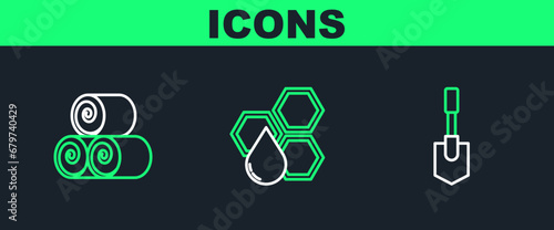 Set line Shovel, Roll of hay and Honeycomb icon. Vector