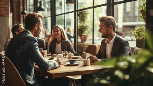 Group of business people having a meeting in a cafe, talking and drinking coffee.