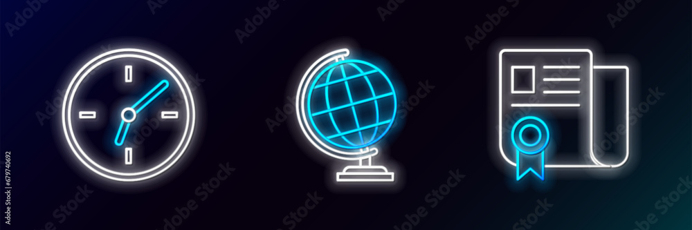 Set line Certificate template, Clock and Earth globe icon. Glowing neon. Vector Set line Certificate template, Clock and Earth globe icon. Glowing neon. Vector