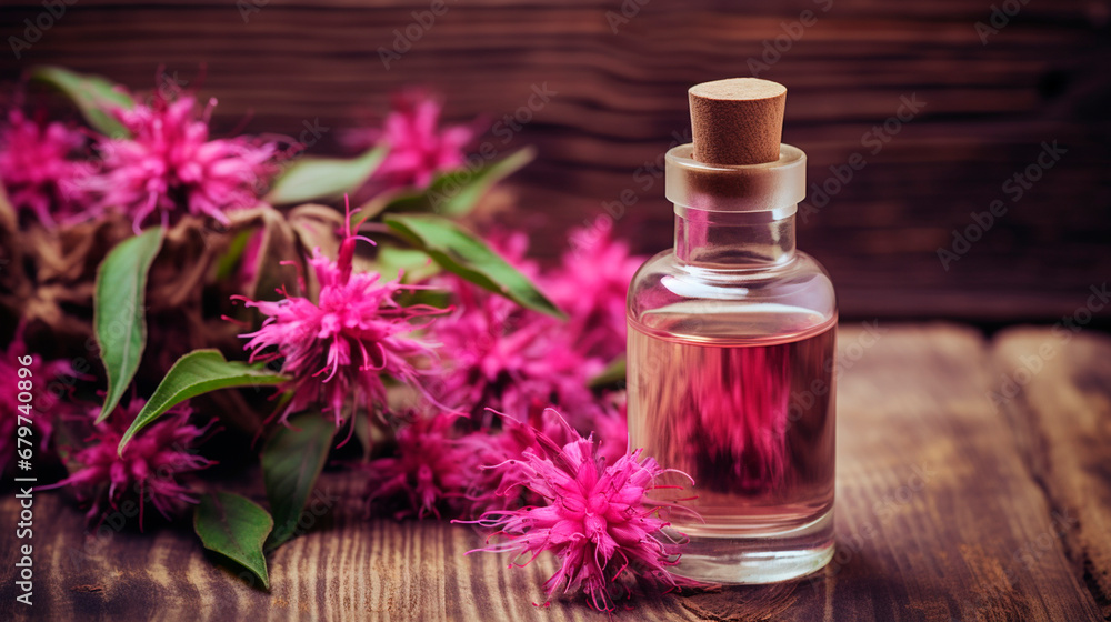 Monarda essential oil in a bottle. Generative AI, Monarda essential oil in a bottle. Generative AI,
