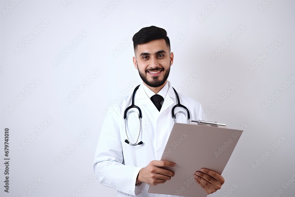 Portrait of smiling doctor in uniform holding clipboard, looking at camera and smiling, friendly therapist man with stethoscope posing on white-grey background Portrait of smiling doctor in uniform holding clipboard, looking at camera and smiling, friendly therapist man with stethoscope posing on white-grey background