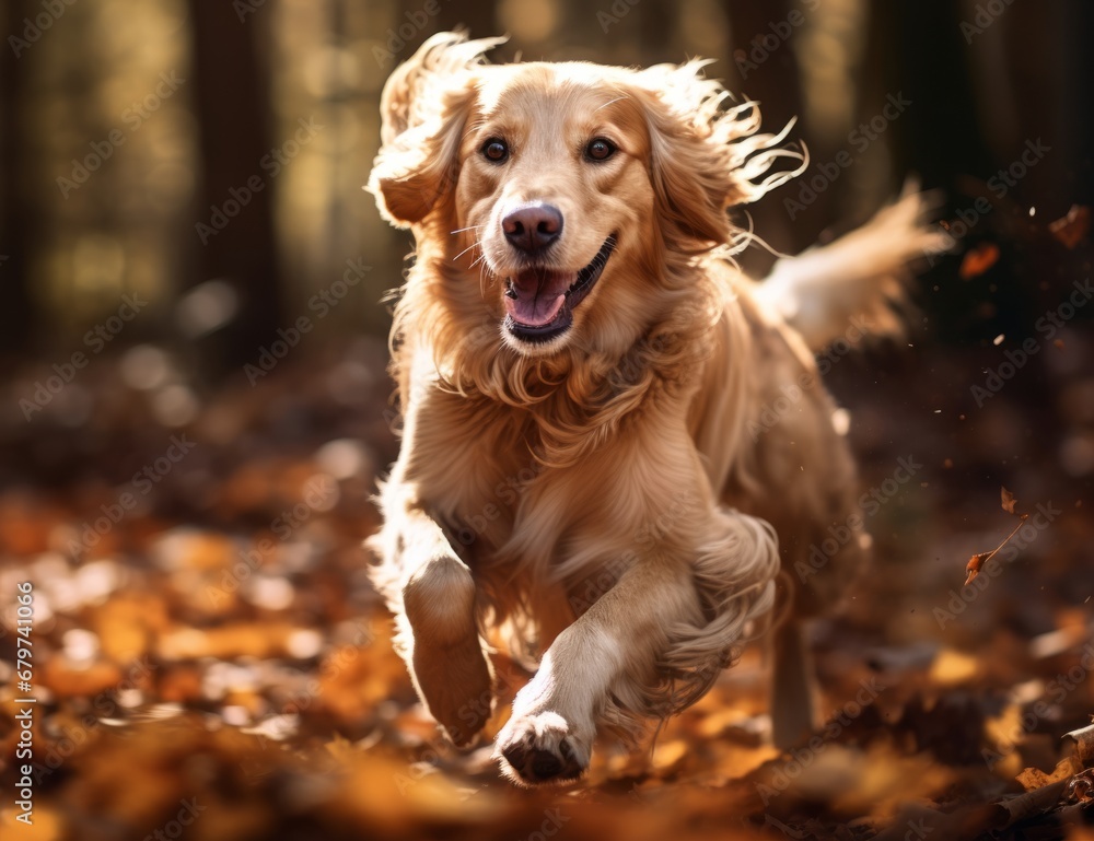 A Playful Pup Amongst Falling Leaves in the Enchanting Autumn Forest