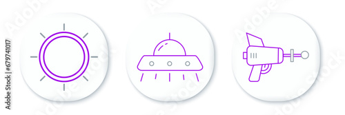 Set line Ray gun, Sun and UFO flying spaceship icon. Vector