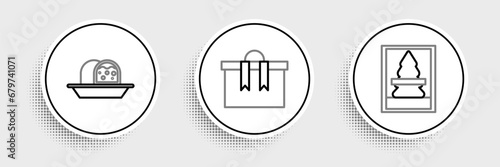 Set line Christmas postcard, Marzipan sponge cake and Gift box icon. Vector