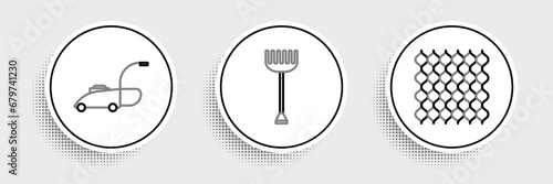 Set line Garden fence wooden, Lawn mower and rake icon. Vector