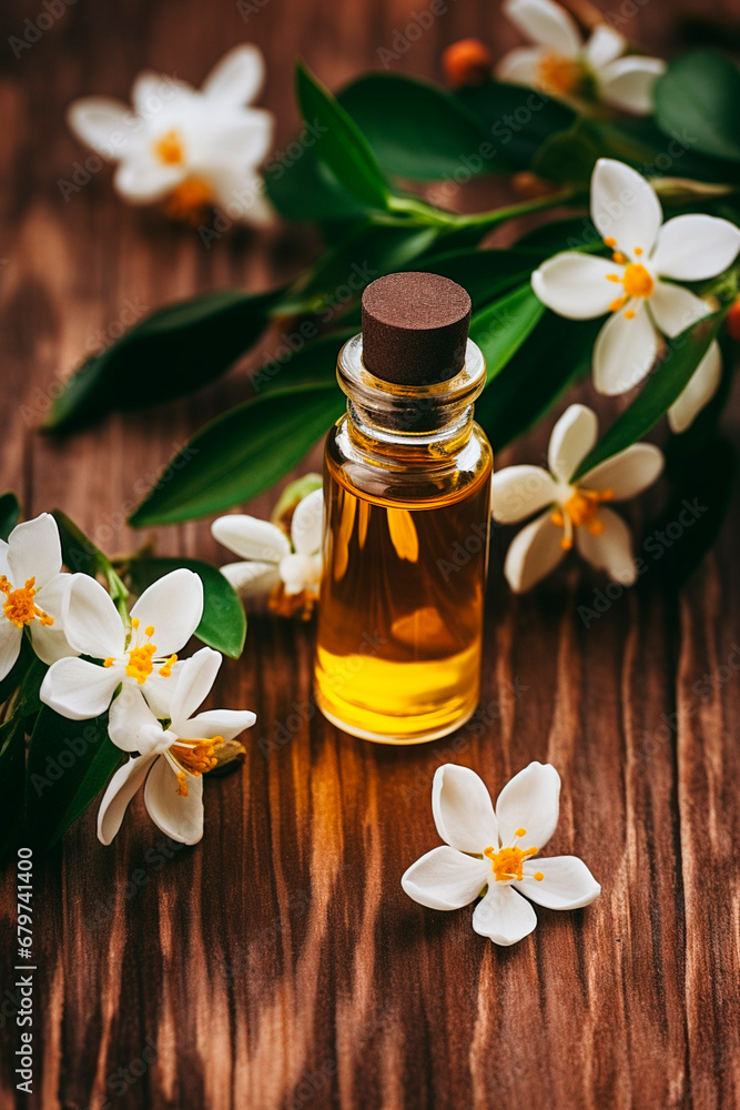 Neroli essential oil in a bottle. Generative AI, Neroli essential oil in a bottle. Generative AI,